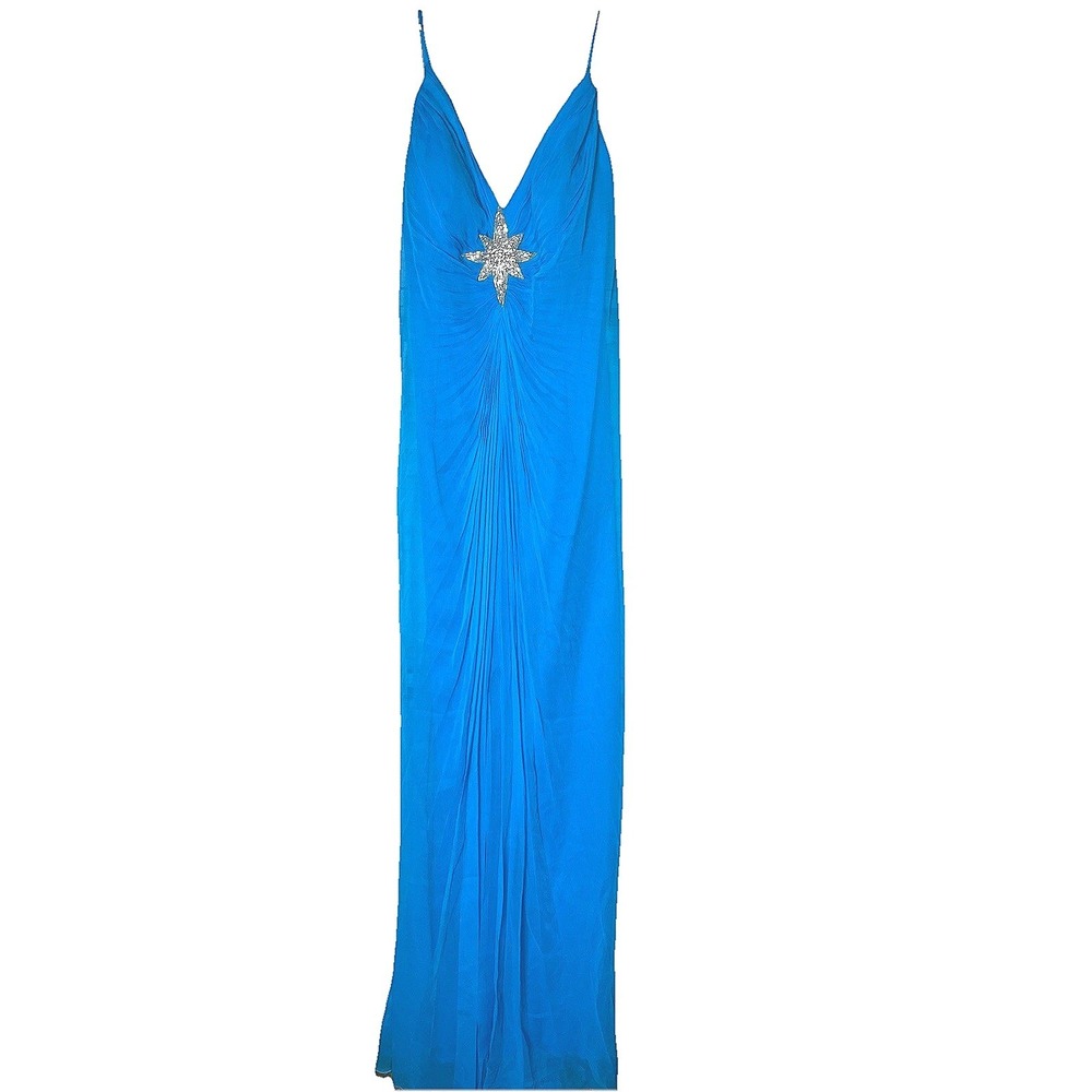 Nicole Bakti Blue 100% Silk Beaded Starburst Evening Gown V-Neck Maxi Dress S
